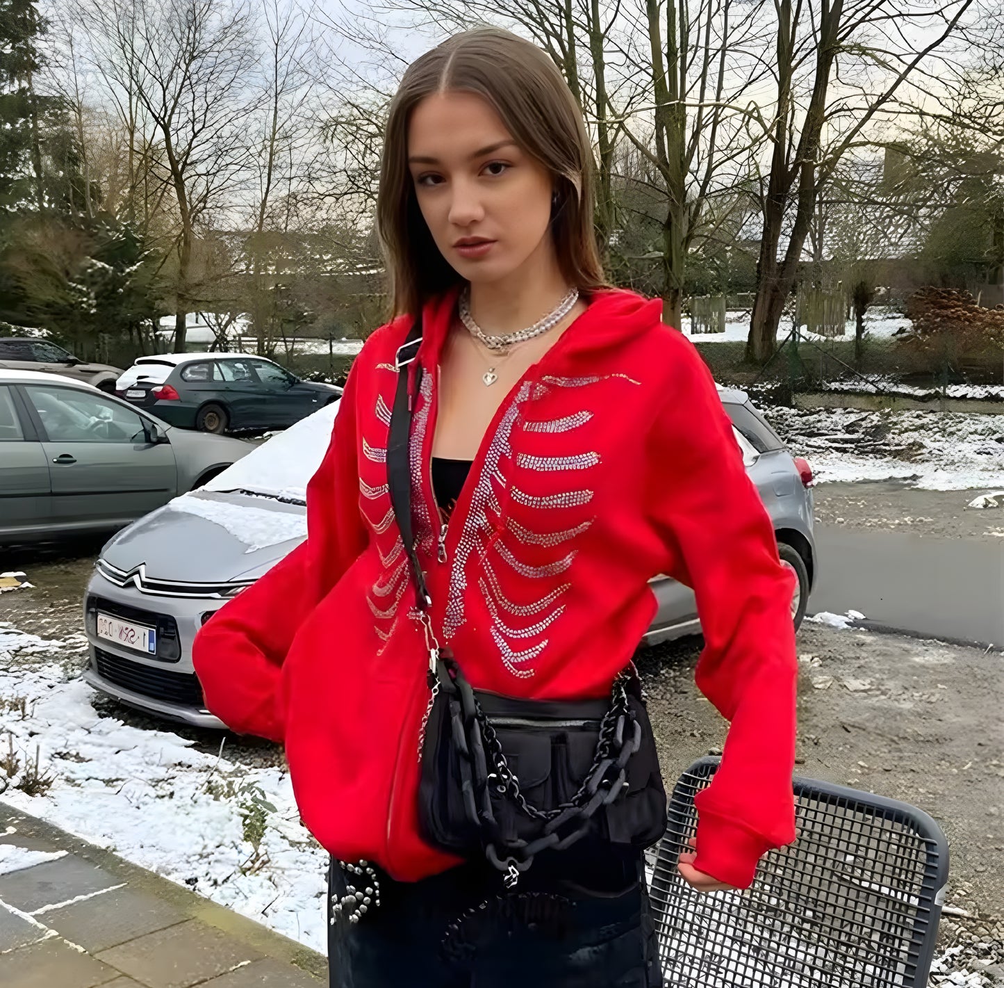 Rhinestone skeleton zip up hoodie