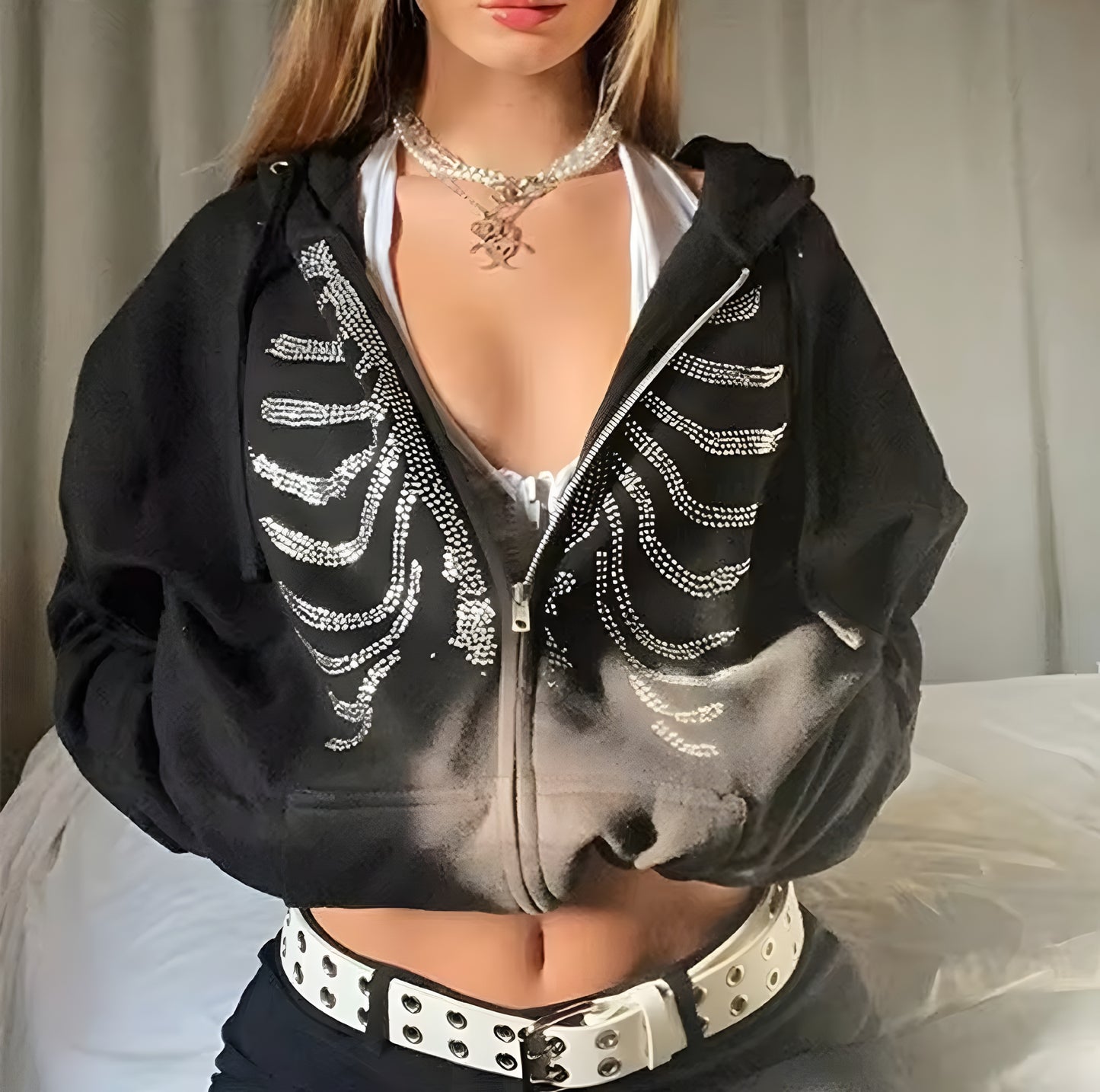 Rhinestone skeleton zip up hoodie