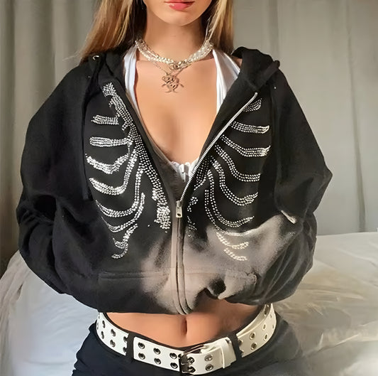 Rhinestone skeleton zip up hoodie
